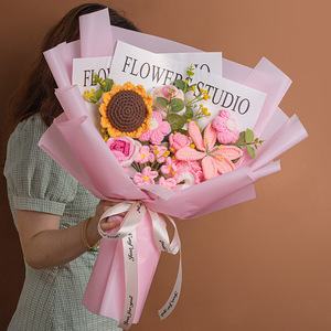 Bouquet di fiori artificiali a maglia a mano grande mazzo di garofano rosa <span class=keywords><strong>girasole</strong></span> per la festa della mamma e del ringraziamento - Product Image 3