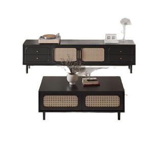 French Retro Rattan Tv Cabinet And <b>Coffee</b> <b>Table</b> Set Black Living Room Wabi Sabi Style Furniture - Product Image 1