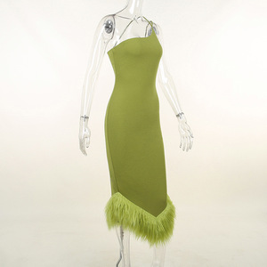 Vestido moda noite feminino, venda quente estilos de penas verdes vestido midi - Product Image 2