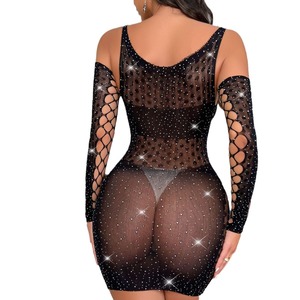WN038 Pitovsak para Comercio Exterior, Nuevo y Sexy Traje de Una Pieza de Malla de Nailon con Pedrería, Lencería Erótica Negra - Product Image 5