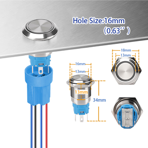 12/16/19/22 มม. สวิตช์ปุ่มกด LED แบบกันน้ำ รีเซ็ตแบบชั่วขณะ 1NO ขั้วต่อ 12V/220V IP65 - Product Image 2