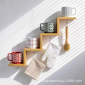 Solid Wood Wall <b>Shelf</b> 4 Layers Hanging Storage <b>Rack</b> For Kitchen Mug Spice Organizer Natural Color Rectangle Shape - Product Image 4