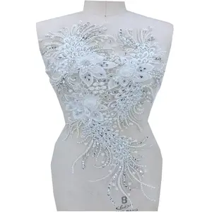 Hot sale flower mesh embroidered rhinestone lace beaded applique with lace fabric trim for wedding dress