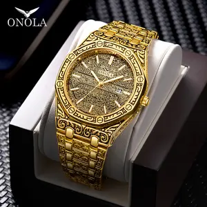 ONOLA jam tangan emas 3812 pria, arloji bisnis Quartz tahan air