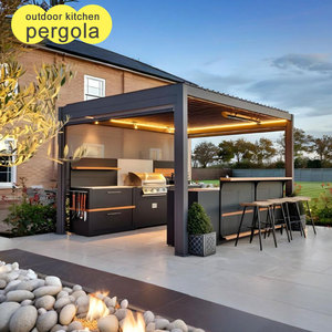 Pérgola de cocina al aire libre moderna de grano de madera de diseño elegante unida <span class=keywords><strong>a</strong></span> la <span class=keywords><strong>pared</strong></span> con parrilla de barbacoa Gazebo para mejorar el espacio al aire libre - Product Image 3