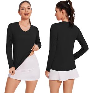 FOXA T-shirt de sport pour femme à manches longues et col en V, séchage rapide, évacuation de l'humidité, coupe ajustée, couleur unie - Product Image 2