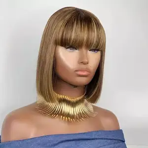 Wig Buatan Mesin India dengan Vendor Bob Poni Lurus 100% Sampel Rambut Manusia Tanpa Lem Warna Terang untuk Wanita Kulit Hitam