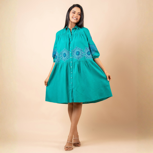 Vestido Corto de Lino Elegante de Primera Calidad, Bordado, con Fruncido Frontal, Casual para Mujer - Product Image 6
