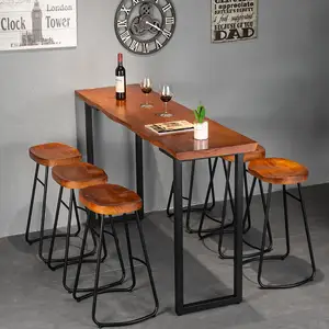 Muebles de barra nórdicos Rectángulo Base de metal de madera natural Mesa de Bar Forma ovalada Silla de Bar de restaurante de madera