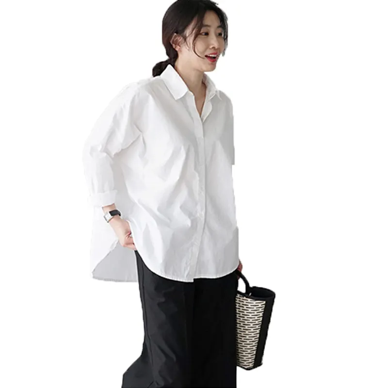 White Long Sleeve Shirts for Women Fashion Casual Loose Fit Button Down Cuffed Lightweight V Neck Collared Blouse