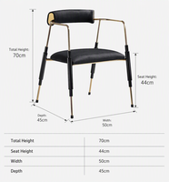 Chaise de salle à manger moderne de luxe avec accoudoirs, coussin en mousse haute densité, structure en métal doré, chaise d'appoint pour salle à manger, café, projet commercial