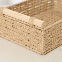 Panier de rangement rectangulaire léger en corde de papier tressée, écologique et polyvalent, avec poignée en bois marron, pour la maison et le bureau