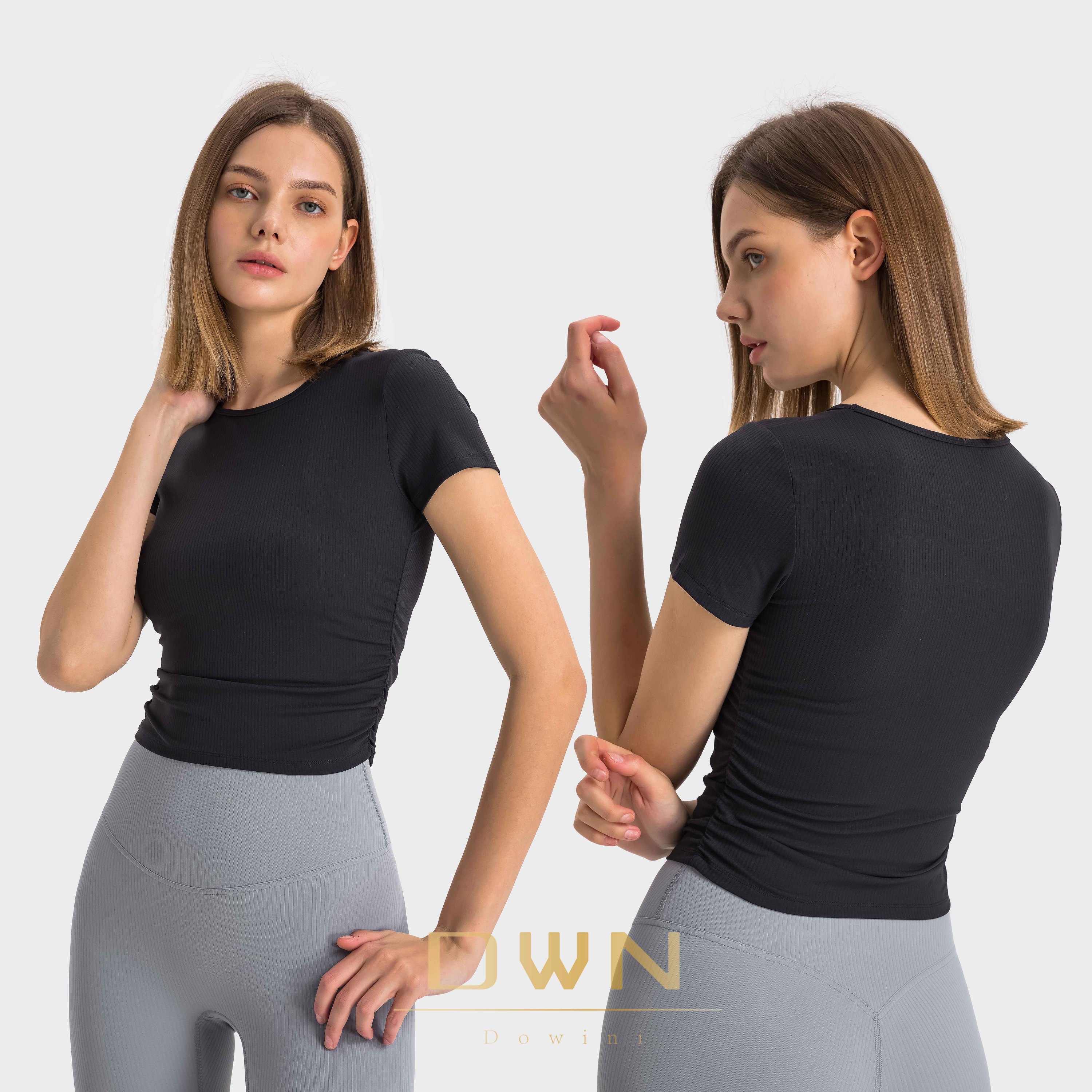High Quality DOWINI Striped Ribbed Micro Pleated Waist Tightening Short Sleeved High Elasticity and Slimming Women Yoga Sports Top