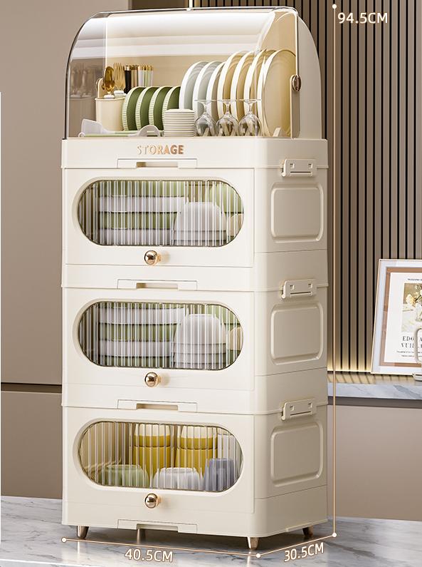 Tableware with 1 flip-top layer + 3 flat-top layers [beige]