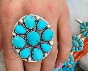 Semi-précieuse Arizona Turquoise et éponge corail belle 925 solide en argent Sterling pierre naturelle bague déclaration bijoux fins - Product Image 1