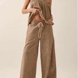 Pantalones de Lino Personalizados al por Mayor con Logotipo para Mujer, Pantalones de Salón de Pierna Ancha con Cordón en la Cintura, Transpirables y Holgados - Product Image 5