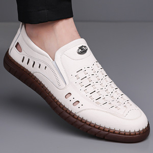 White Leather Loafers Slip-On Breathable Hollow-Out Soft Sole Men's Casual Shoes Summer Driving Shoes - Product Image 3