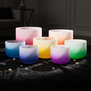 Jinfang 432Hz & 440Hz Ensemble de bols chantants en cristal de quartz givré dégradé de couleur pour la guérison sonore par le bain, lot de 7 - Product Image 1