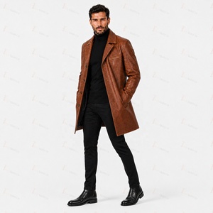 <b>Men's</b> Brown Leather Breathable X-Long Trench Coat Belt Turn-down Collar Double Breasted Design Puff Printing Fashion Streetwear - Product Image 3