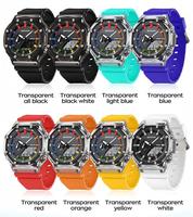 Jam Tangan Analog Digital Pria dengan Bezel Oktagonal, Casing Transparan, Indeks Pelangi, Tali Resin, Multifungsi, Jam Tangan Olahraga.