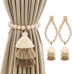 Attaches de rideau en perles de bois magnétiques faites à la main SRG, 2 pièces |   Attaches de rideaux magnétiques simples et élégantes avec pompon |   Accessoires Muraux - Product Image 1