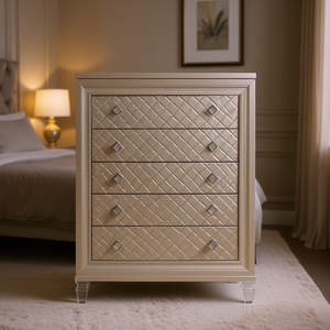 Commode à 5 tiroirs CROSS GLAM Champagne, meubles de chambre élégants, design moderne en métal - Product Image 2