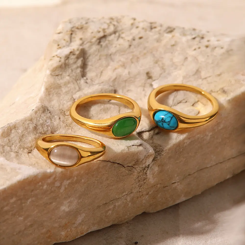 18K सोना मढ़वाया स्टेनलेस स्टील प्राकृतिक मरकत हरे सफेद दूधिया पत्थर की अंगूठी महिलाओं के फैशन के लिए उंगली टाइटेनियम ठाठ अंगूठी लड़कियों