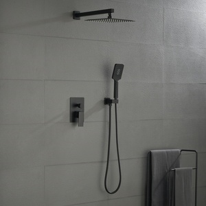 Système de douche <span class=keywords><strong>noir</strong></span> mat avec vanne carrée encastrée, support mural carré, pommeau de pluie carré, double sortie et douchette à main carrée avec flexible - Product Image 2