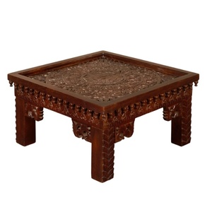Hand-Carved <b>Solid</b> <b>Wood</b> Coffee <b>Table</b> with Marble <b>Top</b> | Traditional Low Floor Seating Center <b>Table</b> - Product Image 4