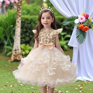 Children's Princess Dress Wine <b>Red</b> <b>Sequined</b> Tutu Skirt Stage Performance Girls Lace Dress - Product Image 2