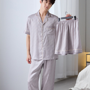 <span class=keywords><strong>Pigiama</strong></span> <span class=keywords><strong>Estivo</strong></span> da <span class=keywords><strong>Uomo</strong></span> in Seta Ghiaccio Fresca, Set Tre Pezzi con Maniche Corte e Pantaloni Lunghi, Abbigliamento da Casa Traspirante e di Alta Qualità - Product Image 2