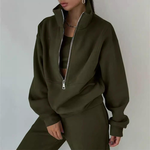 Ensemble de hauts décontractés pour femmes, sweat-shirt à col roulé à demi-zip à manches longues, uni, élégant, coupe ample - Product Image 4