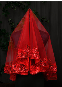 Hiyab Rojo para Novia, Velo Translúcido con Apliques para Boda, Vestido Xiuhe, Pañuelo para la Cabeza para Boda China, Ceremonia, Hecho en China - Product Image 6