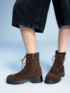 Trendy Ladies Faux Suede Combat <strong>Boots</strong> Dark <strong>Brown</strong> <strong>Lace</strong> up Side Zip Buckle Strap Block Heel Platform Ankle <strong>Boots</strong> for Daily Wear - Product Image 5