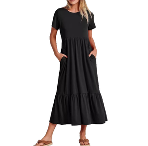 Vestido midi negro de cuello redondo y manga corta para mujer con bolsillos, cintura elástica, ajuste holgado, informal, de verano, de algodón tejido con dobladillo con volantes - Product Image 1