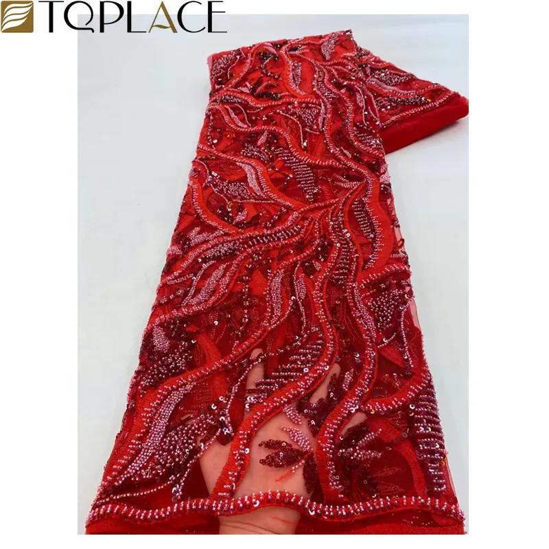 Harga Pabrik Kain Renda Perancis Warna Merah dengan Payet & Manik-manik Bordir Mewah Renda Tulle Nigeria untuk Gaun Pesta Pengantin