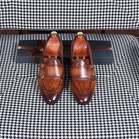 Mocassins italiens à double boucle pour hommes en cuir lisse, chaussures habillées à enfiler, patine brûlée à la main, pour mariage et occasions formelles