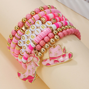 Pink Western Cowboy Style <b>Beaded</b> <b>Bracelet</b> With Letter Charms Stackable Design For Women Jewelry Gift - Product Image 1