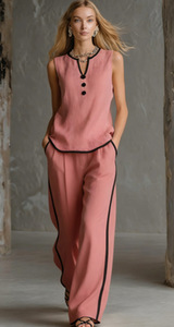 Conjuntos de 2 Piezas para <span class=keywords><strong>Mujer</strong></span>, Chaleco de <span class=keywords><strong>Lino</strong></span>, Pantalones Anchos, Trajes Casuales Elegantes - Product Image 2