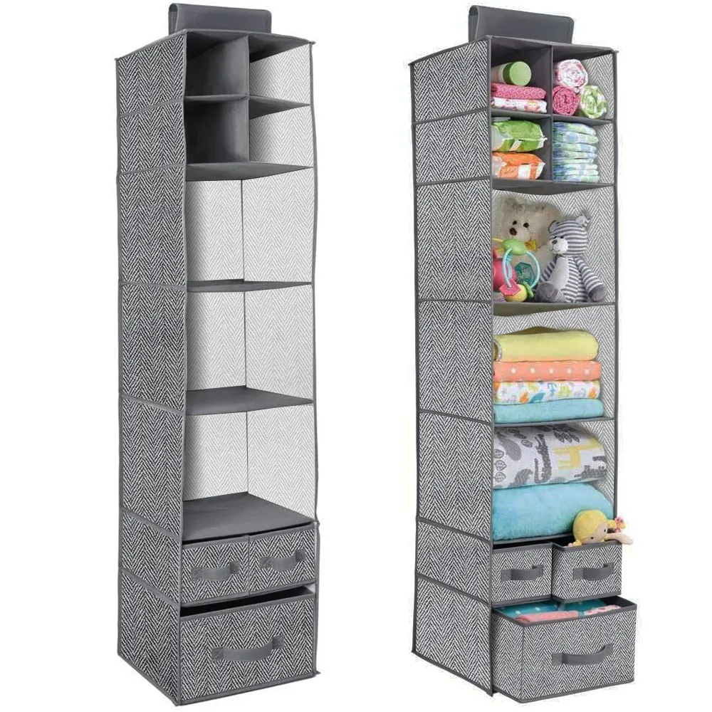 Multipurpose Grey Fabric Hanging Closet Organizer Storage Bag With 3 Drawer and 7 Shelves