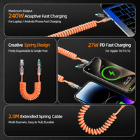Câble USB-A vers USB-C spiralé 240W à charge rapide, 27W PD, 2m, anti-emmêlement, avec LED, pour ordinateur portable et téléphone Android