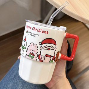 Tazza in Ceramica Natalizia con Cucchiaio e Coperchio, Personaggio di Babbo Natale, 20 Once, Tazza Lucida per Caffè e Tè - Product Image 6