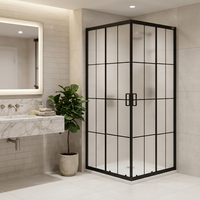 Porte de douche coulissante carrée Hotaqi avec verre trempé, finition noir mat avec cadre, fermeture douce, pierre artificielle pour salle de bain