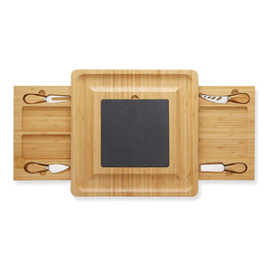 Plateau à fromage en bambou avec couteau, fourchette et planche en ardoise pour servir des fruits, des en-cas, du jambon et du pain - Product Image 5