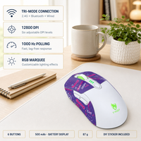 Souris de jeu tri-mode 12800 DPI 1000Hz sans fil et filaire, macro 6 boutons pour PC Gamer