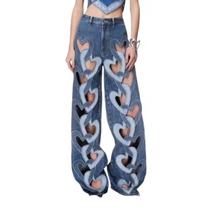 Jean ample taille haute pour femme, style décontracté, patchwork, en denim, avec broderies décoratives, trous brodés, motif dessin animé sexy - Product Image 1