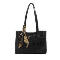 Sac fourre-tout en PU texture crocodile pour femme avec foulard en soie décoratif, grande capacité, sac à bandoulière pour le bureau et usage quotidien