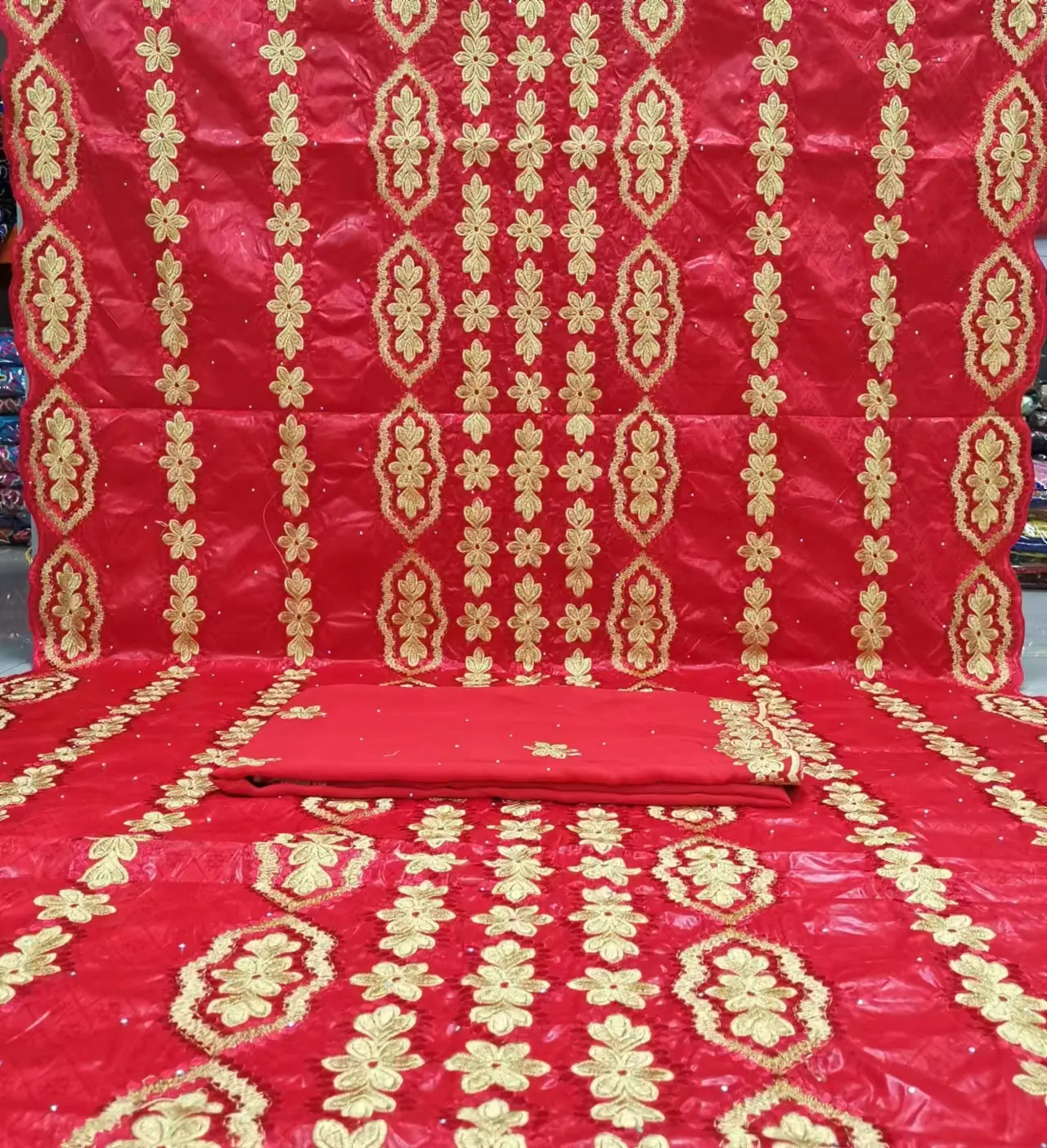 african bazin brocade 5yard+2yard 100% cotton lace square design riche garment high quality nigerian flower with beads fabric