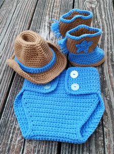 Ensemble de vêtements de cowboy pour bébé au crochet fait main, chapeau, bottes et couvre-couche au crochet, accessoires photo pour nouveau-né - Product Image 1