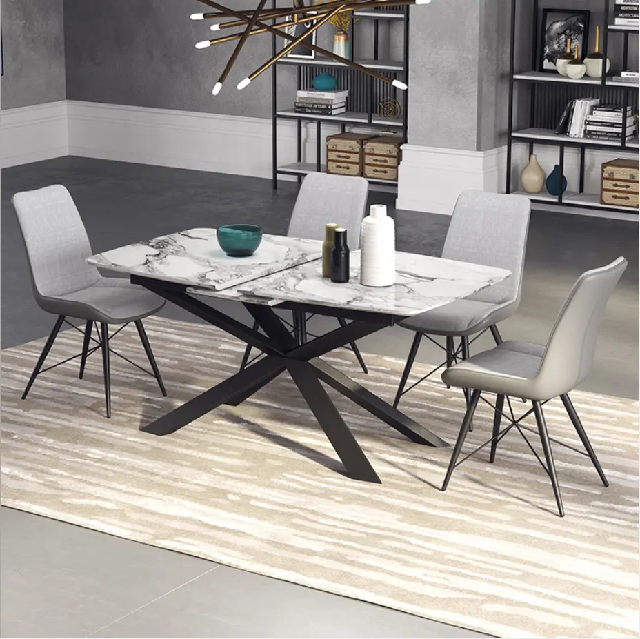 Modern MDF Veneer Top 4 Cross Legs Wooden Dining Table with sliding extension set